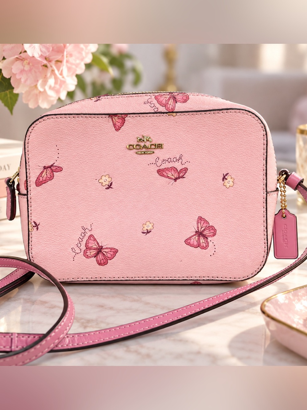 Coach Pink Butterfly Floral Crossbody Camera Bag